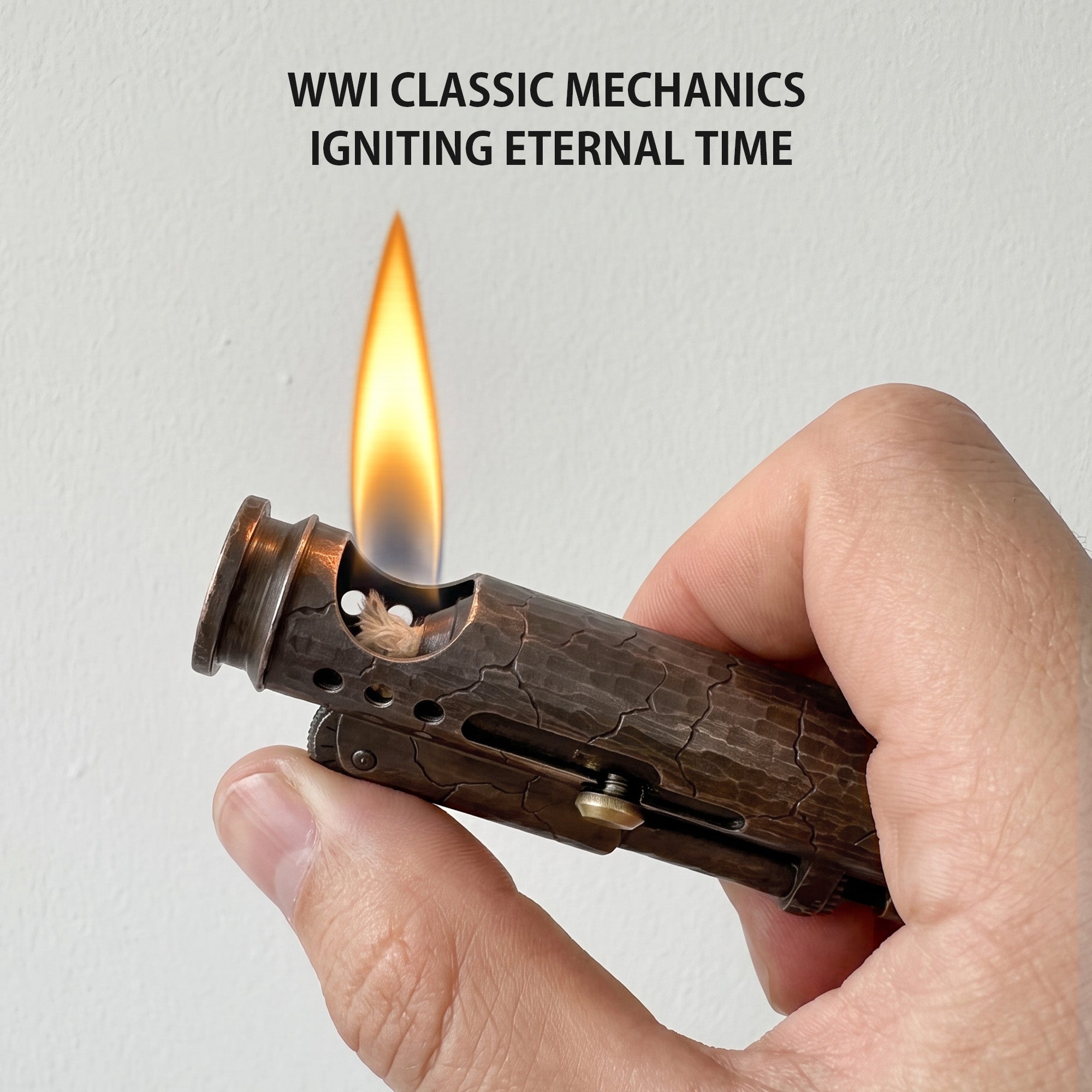 Thorens Trench Lighter Battle Soul with hand carved cracks showing detachable fuel chamber components, wick lit as a candle, and disassembled metal parts on wooden surface.