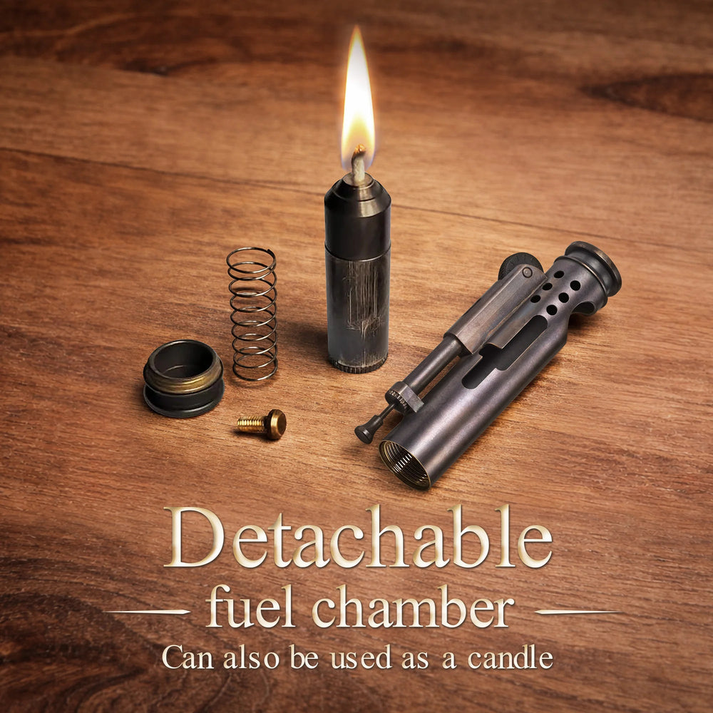 Thorens Trench Lighter Battle Soul Glossy with detachable fuel chamber parts, wick burning as a candle, and disassembled metal components on wooden surface.