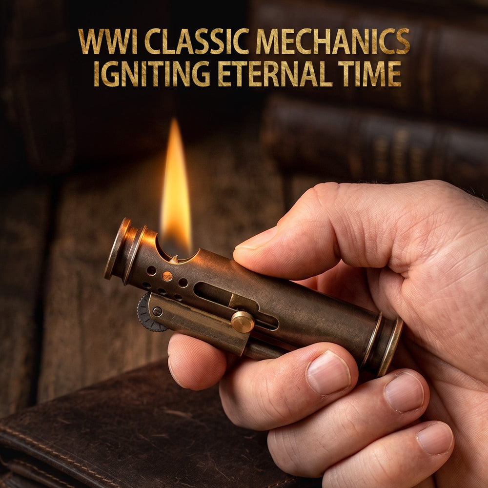 Thorens Trench Lighter Battle Soul Glossy with detachable fuel chamber parts, wick burning as a candle, and disassembled metal components on wooden surface.