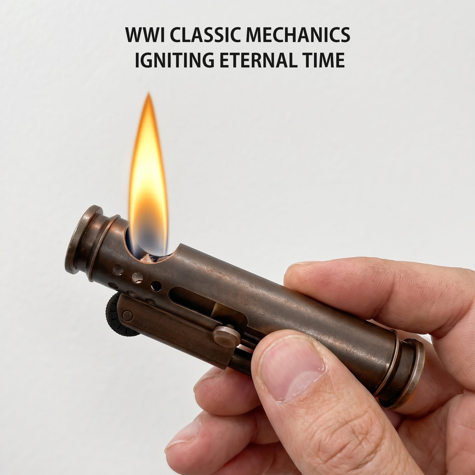 Thorens Trench Lighter Battle Soul Glossy with detachable fuel chamber parts, wick burning as a candle, and disassembled metal components on wooden surface.