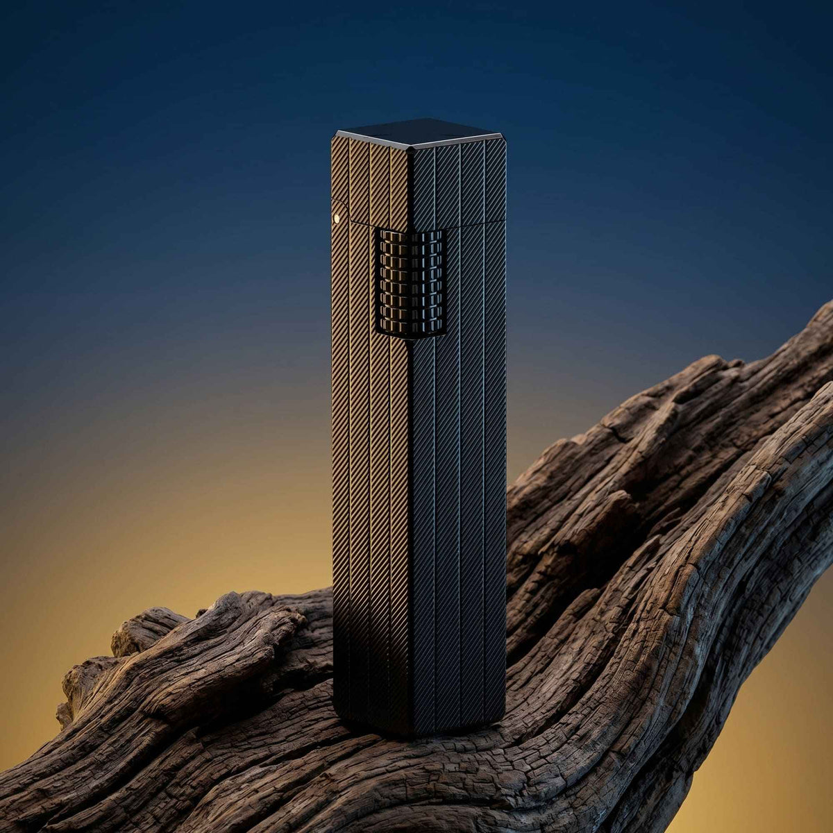 Thorens rectangular lighter with black diagonal pattern shown upright with the lid down, highlighting the textured surface pattern and side ignition wheel.