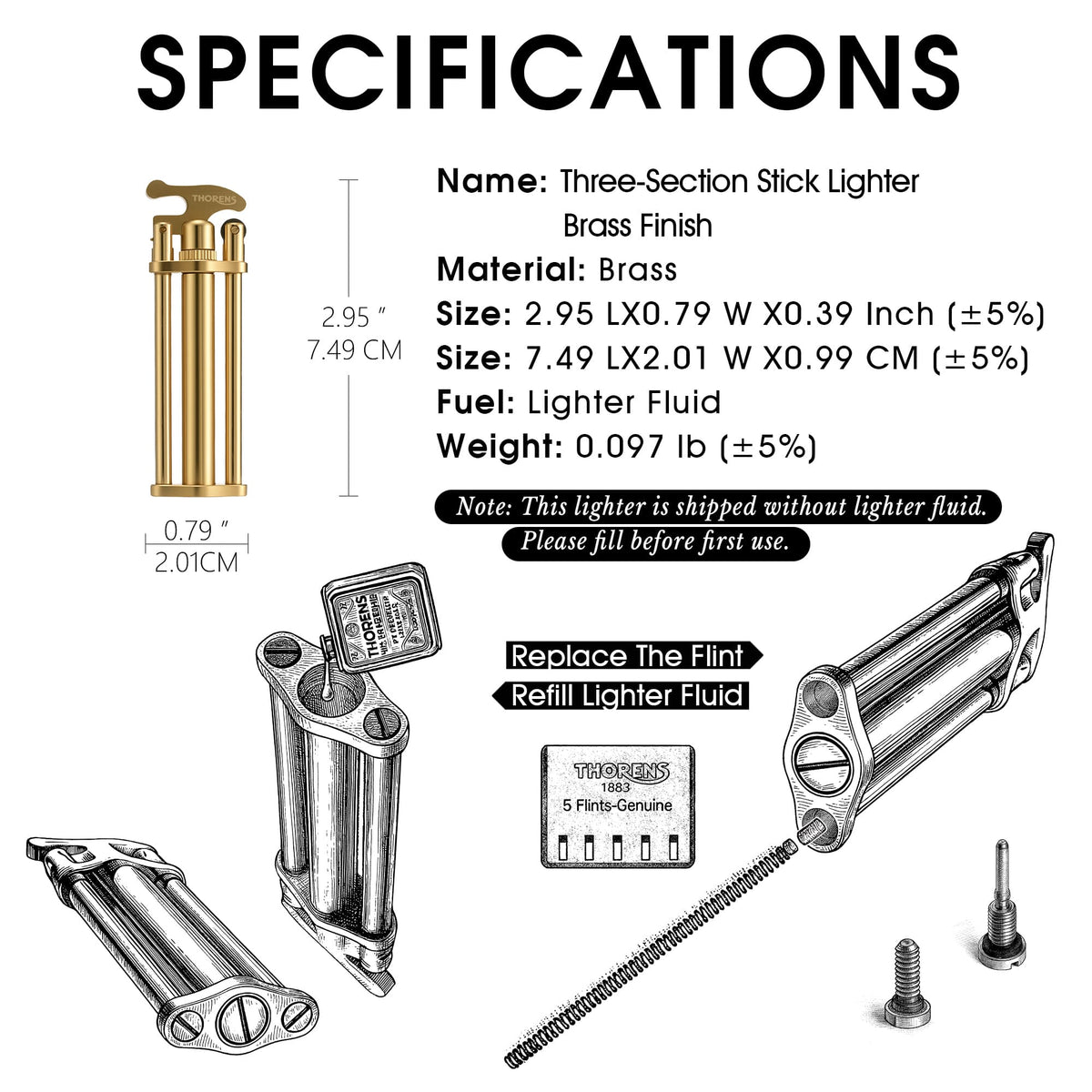 A technical infographic for the Three-Section Stick Lighter in brass, featuring dimensions, material weight, and illustrated instructions for refilling lighter fluid and replacing the flint.