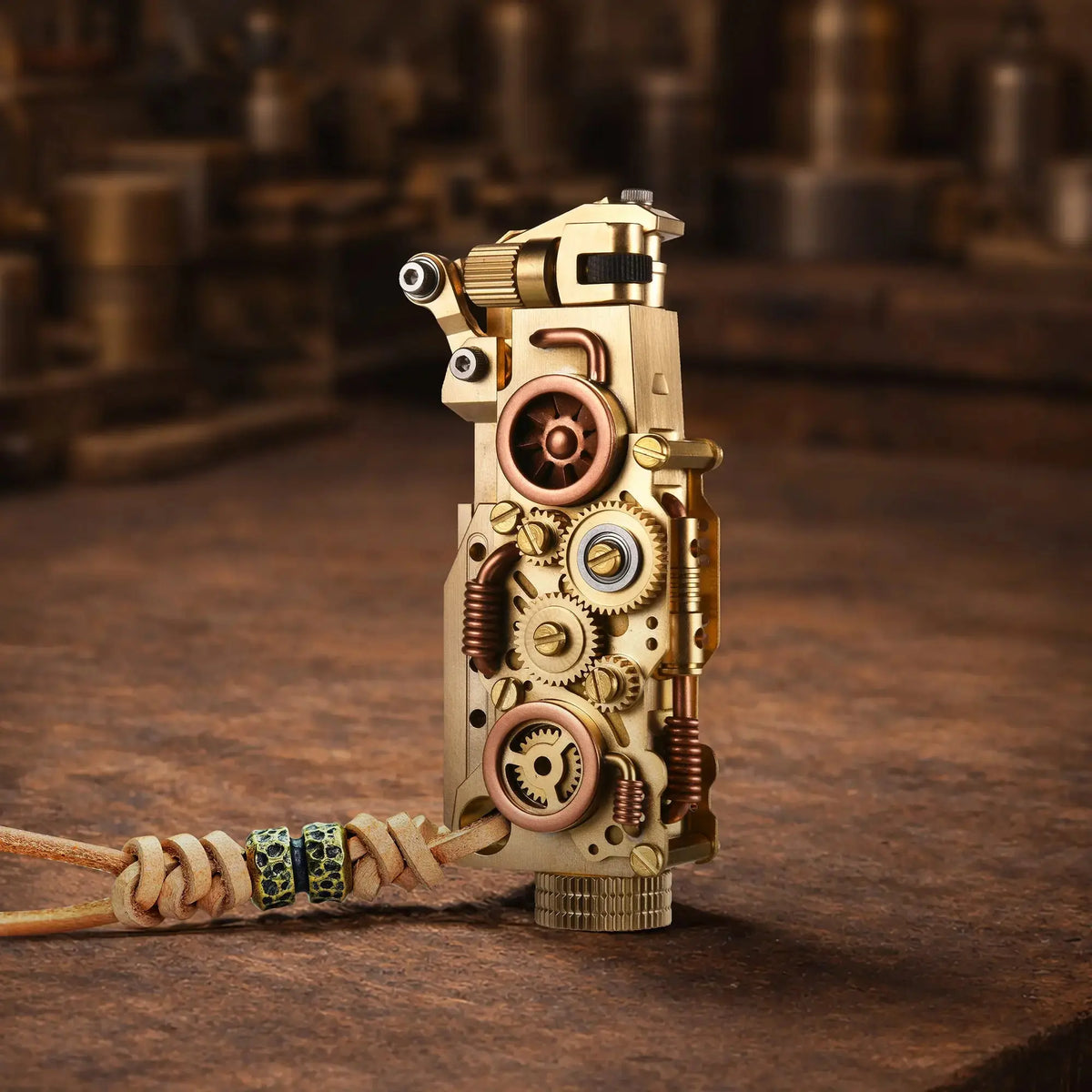 Thorens steampunk mechanical grip lighter in brass finish standing upright on a warm wood surface, featuring exposed fine gears, layered brass detailing, and a leather lanyard with bead accents
