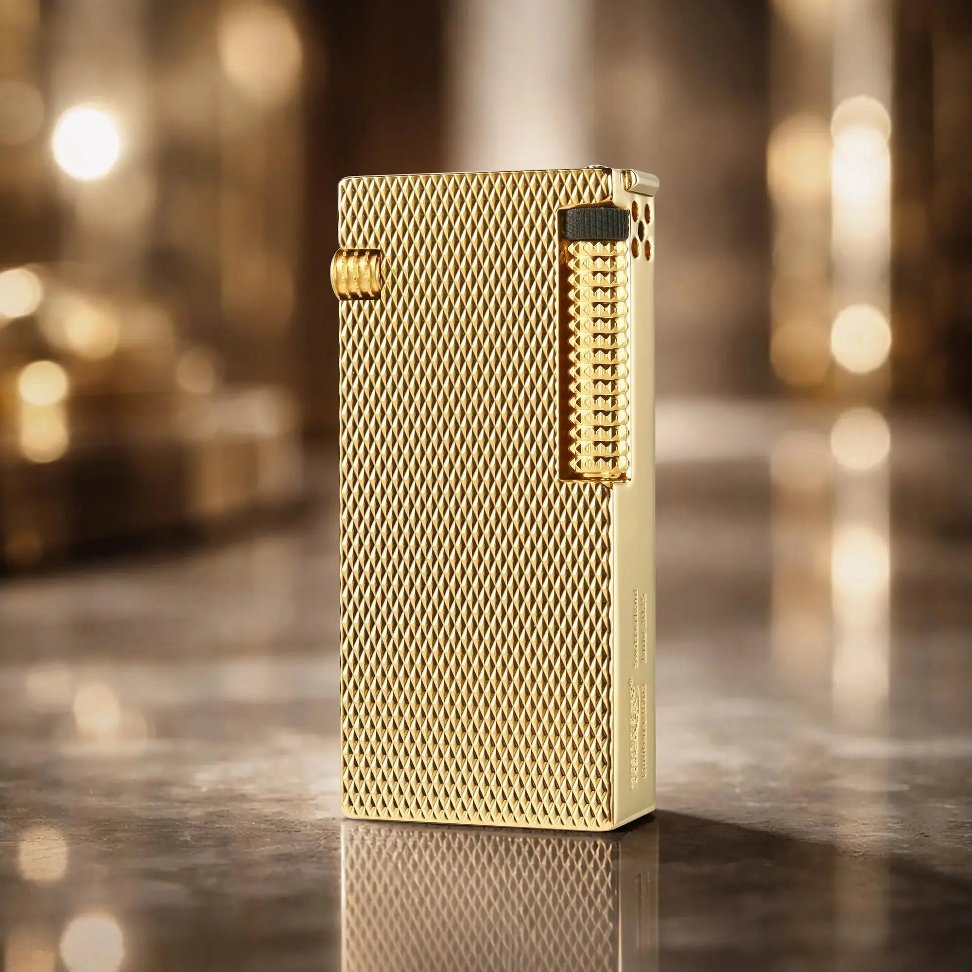 Thorens Slim Cube Golden Mesh lighter standing upright on a softly lit surface, featuring a slim rectangular form, golden mesh texture, polished gold-tone body, and refined mechanical detailing