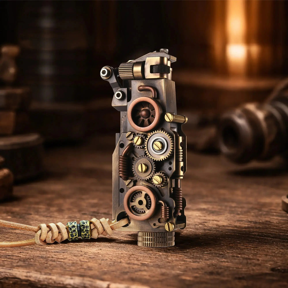 Thorens steampunk mechanical grip lighter in antique bronze standing upright on a warm wood surface, featuring exposed fine gears, mixed metal detailing, and a leather lanyard with bead accents