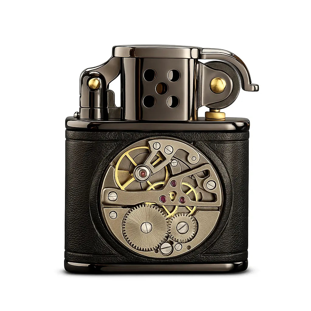 Handmade Cowhide Lighter - Inlaid Black Mechanical Movement - Black THORENS