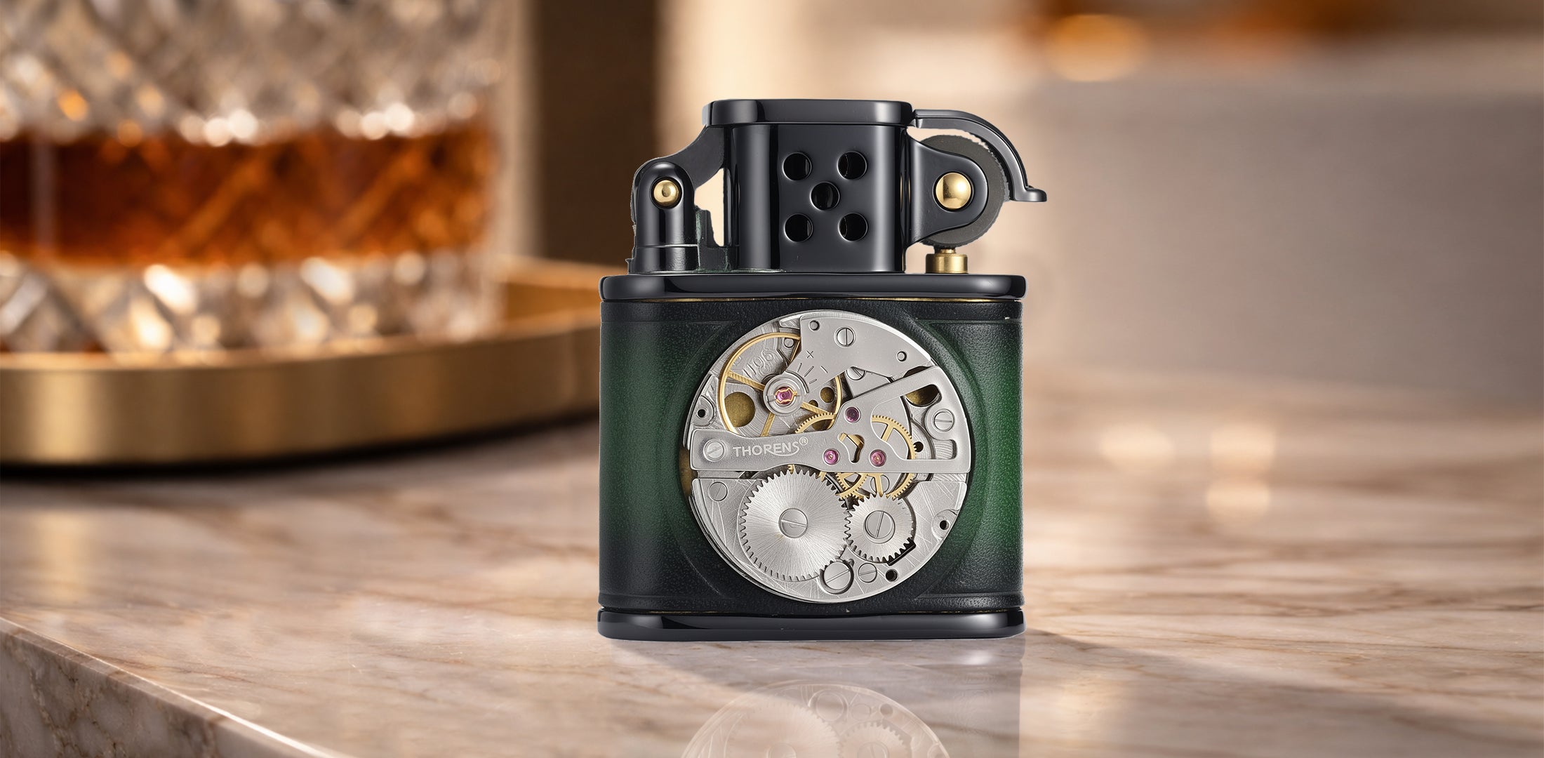 Handmade Cowhide Lighter - Inlaid Mechanical Movement - Green And Black Color