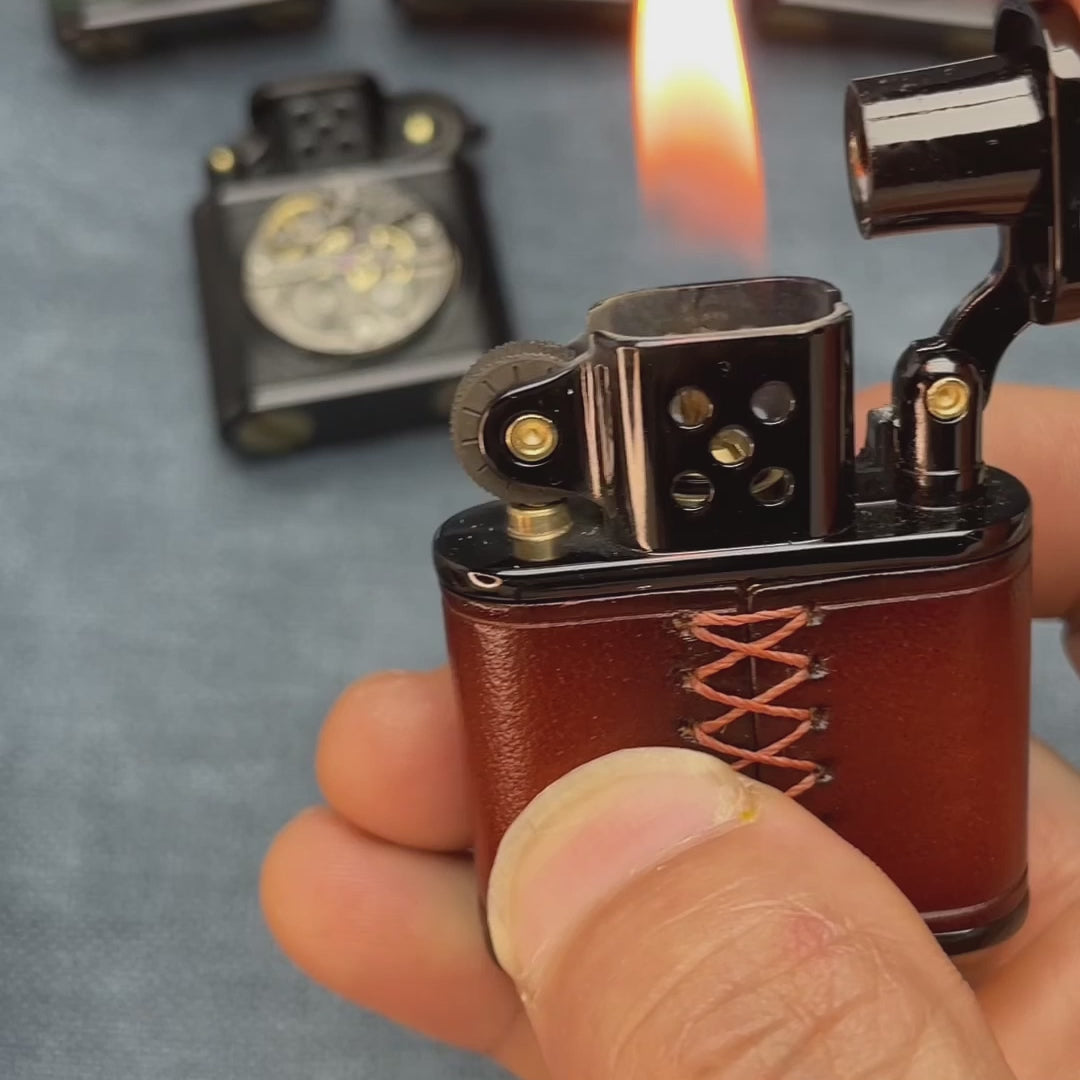 Handmade Cowhide Lighter - Inlaid Black Mechanical Movement - Black
