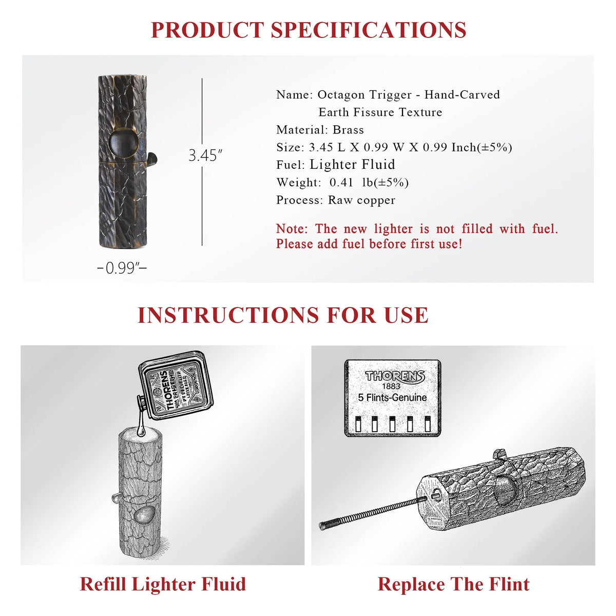 Detailed product overview for the hand-carved Earth Fissure Octagon lighter, including material specs (Brass/Raw Copper) and important fuel safety reminders for new owners.