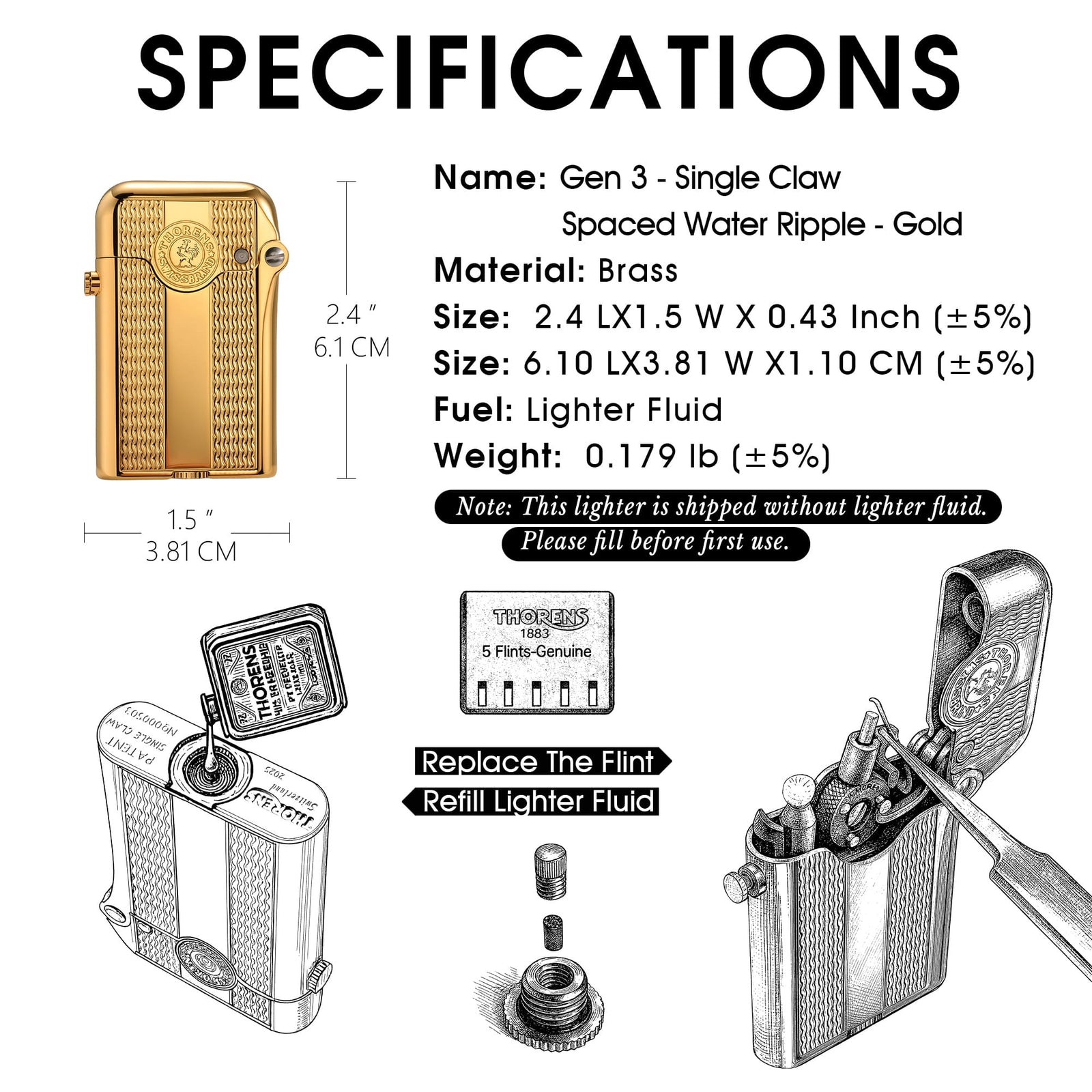 Detailed mechanical diagrams for the Thorens Gen 3 lighter, demonstrating the process for refilling lighter fluid and replacing the flint to maintain mechanical precision.