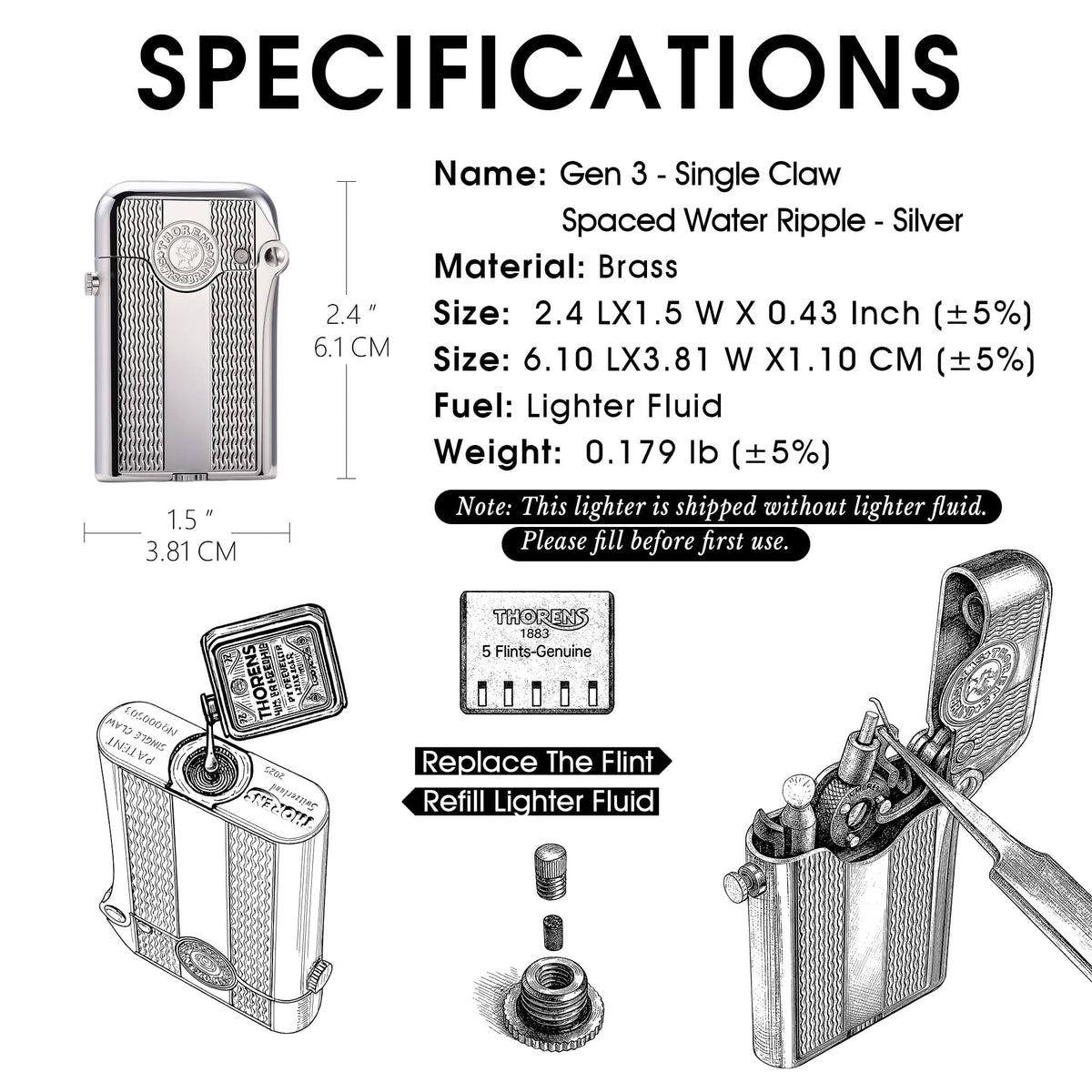 Illustrated step-by-step instructions for refilling lighter fluid and replacing the flint on a Thorens silver Gen 3 lighter, highlighting its mechanical precision.