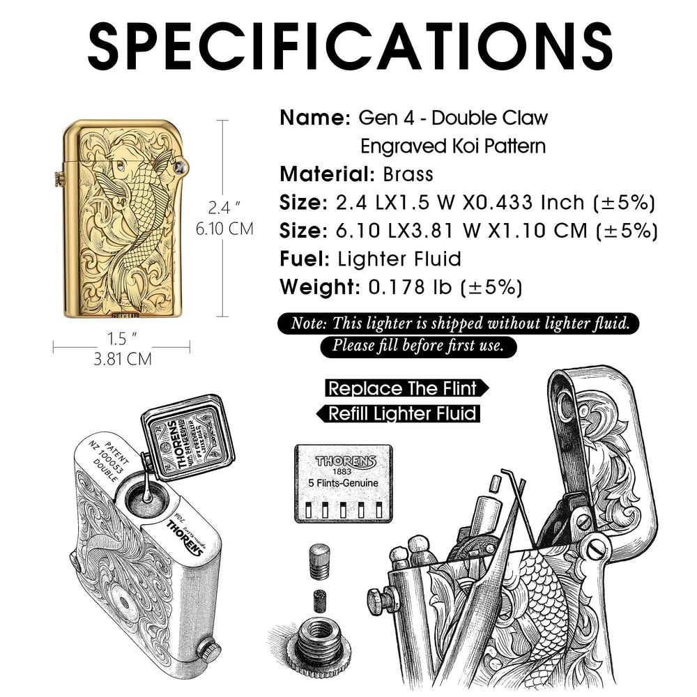 A detailed mechanical breakdown of the Thorens gold Koi engraved lighter, demonstrating internal flint spring access and fuel chamber sealing for long-term EDC reliability.