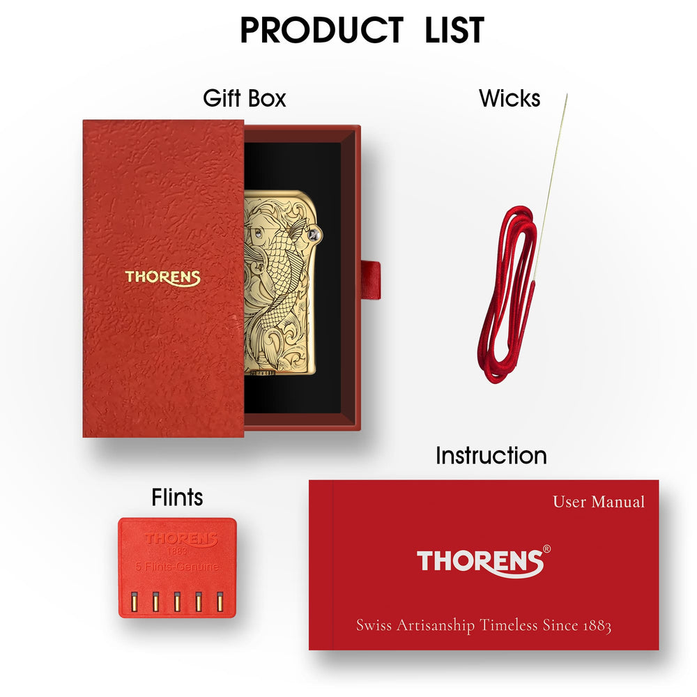 A complete Thorens Gen 4 lighter gift set featuring the gold-finish Koi pattern engraved body, premium red textured gift box, replacement wicks, flints, and official user manual.