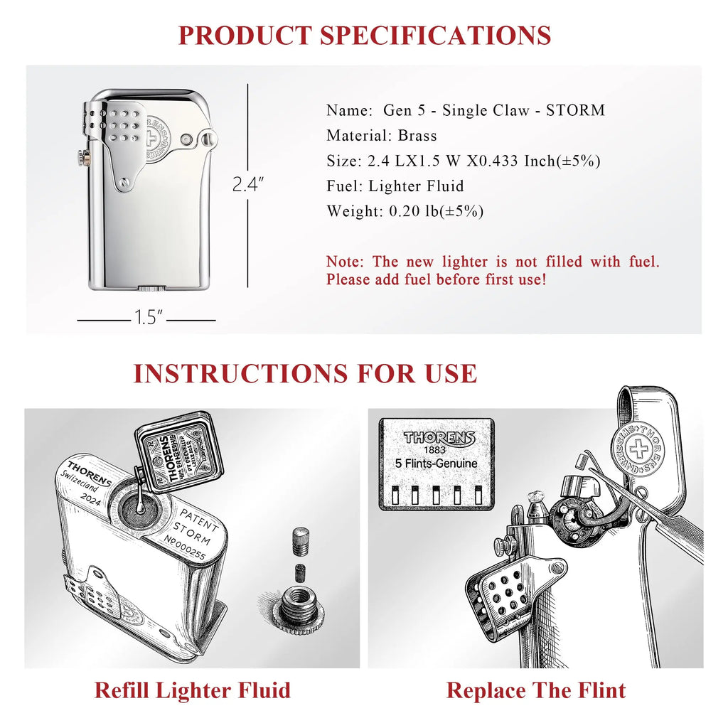 Detailed mechanical diagrams for the Thorens Gen 5 STORM lighter, illustrating the process for refilling lighter fluid and replacing the flint on its single claw ignition system.