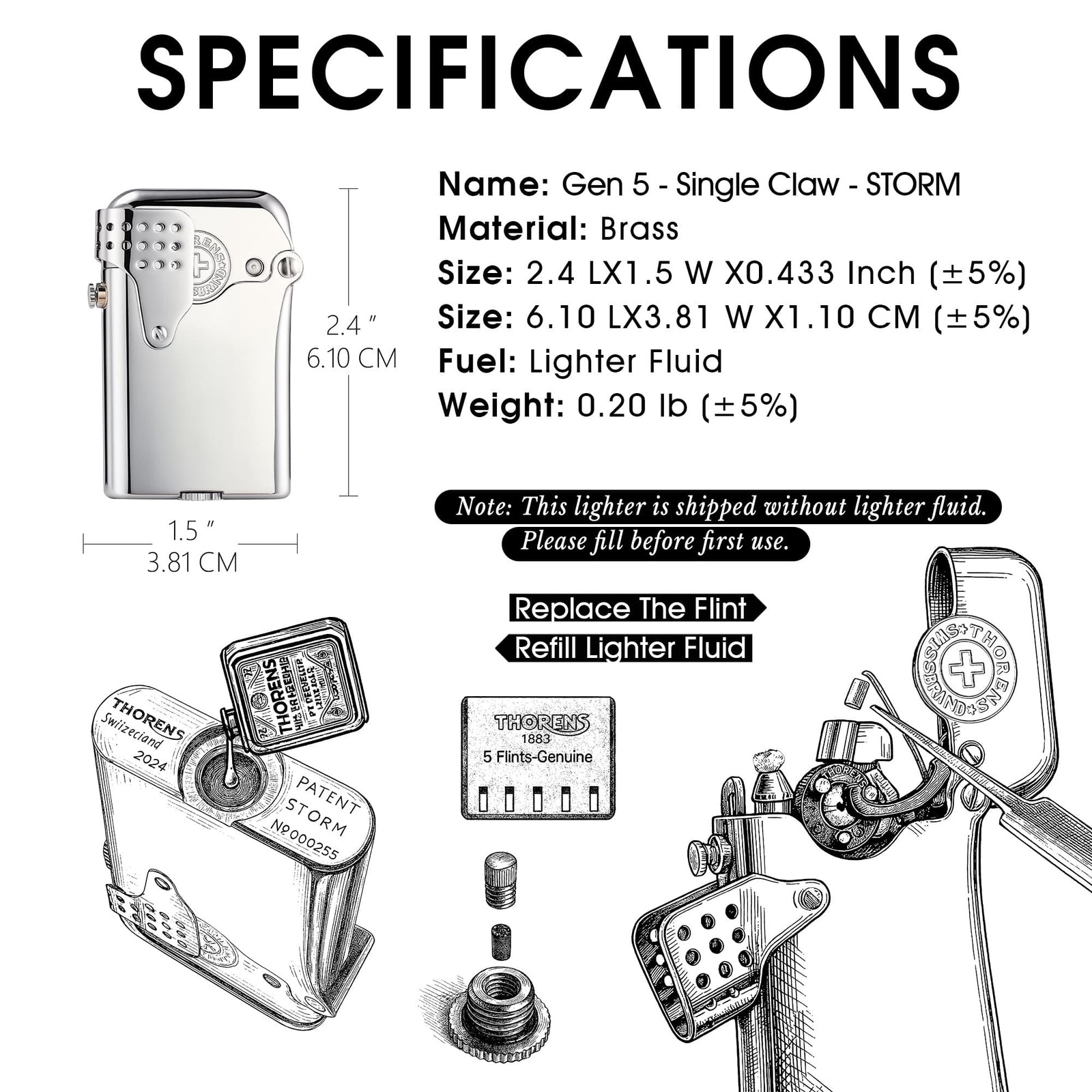 Detailed mechanical diagrams for the Thorens Gen 5 STORM lighter, illustrating the process for refilling lighter fluid and replacing the flint on its single claw ignition system.