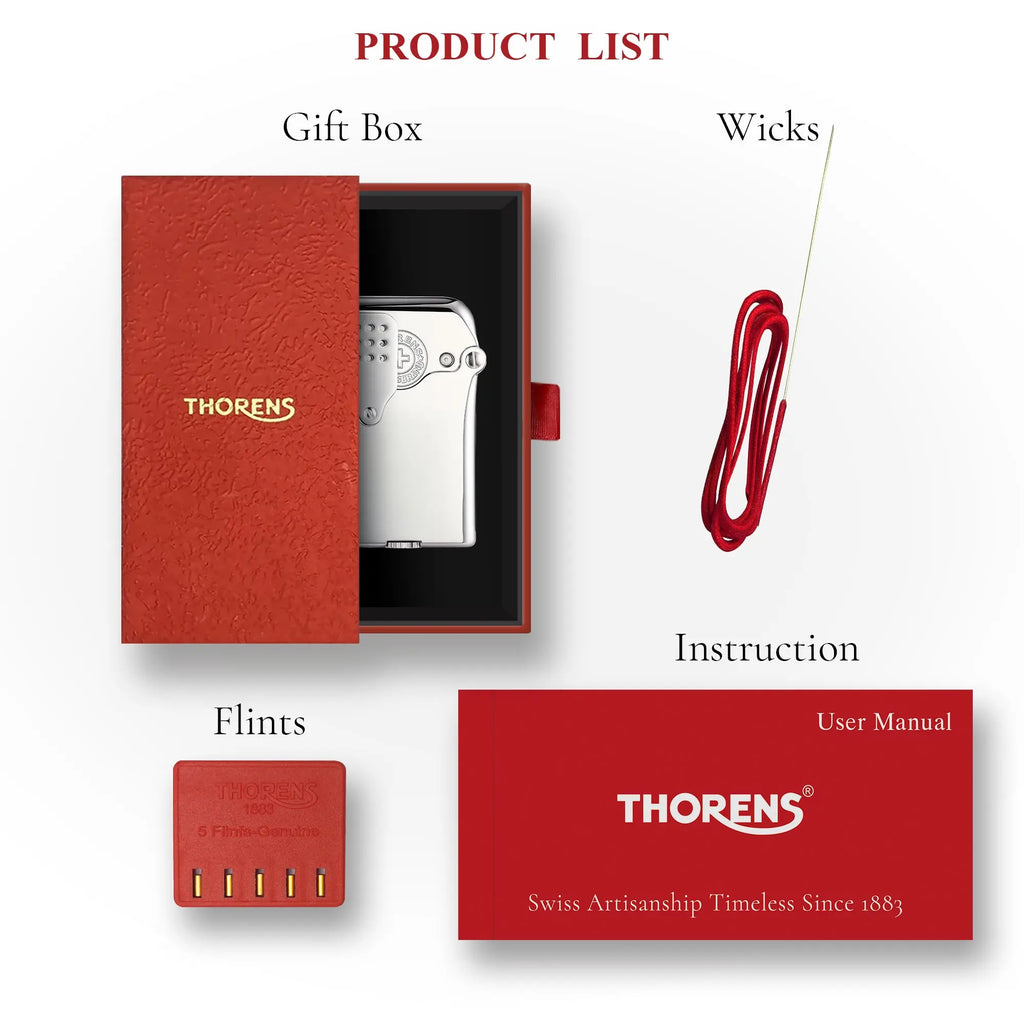 A complete Thorens Gen 5 STORM lighter gift set in a polished silver finish, featuring the signature red gift box, replacement wicks, a 5-pack of flints, and the official user manual.