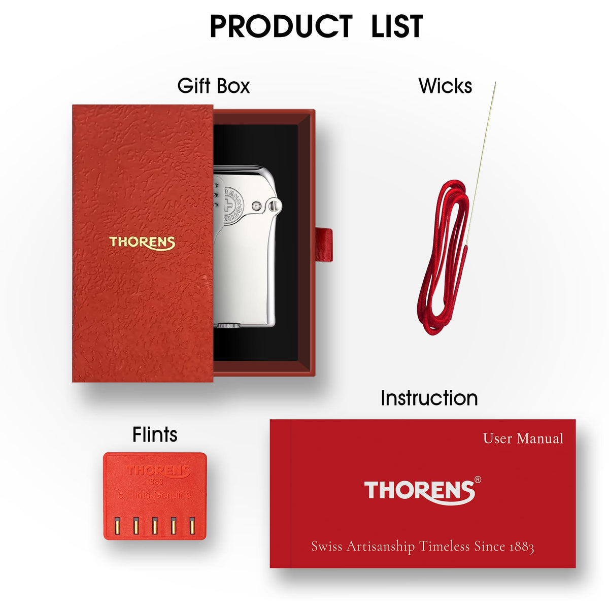 A complete Thorens Gen 5 STORM lighter gift set in a polished silver finish, featuring the signature red gift box, replacement wicks, a 5-pack of flints, and the official user manual.