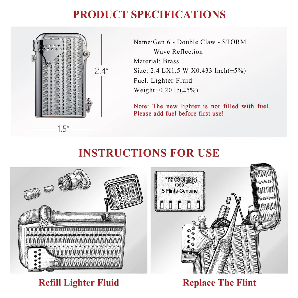 Illustrated instructions for the Thorens Gen 6 STORM lighter, demonstrating the mechanical steps to refill lighter fluid and replace the flint for the double claw ignition system.