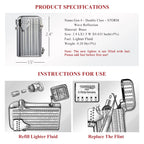 Illustrated instructions for the Thorens Gen 6 STORM lighter, demonstrating the mechanical steps to refill lighter fluid and replace the flint for the double claw ignition system.