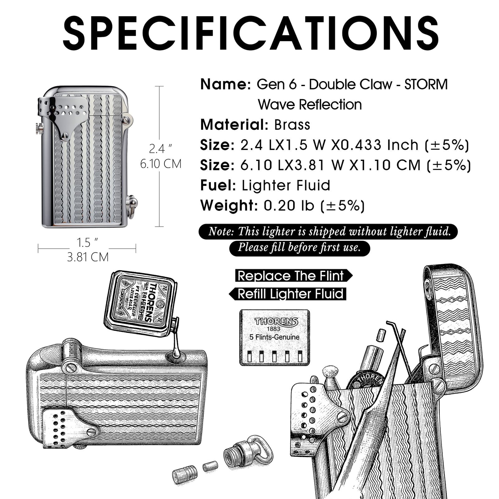 Illustrated instructions for the Thorens Gen 6 STORM lighter, demonstrating the mechanical steps to refill lighter fluid and replace the flint for the double claw ignition system.