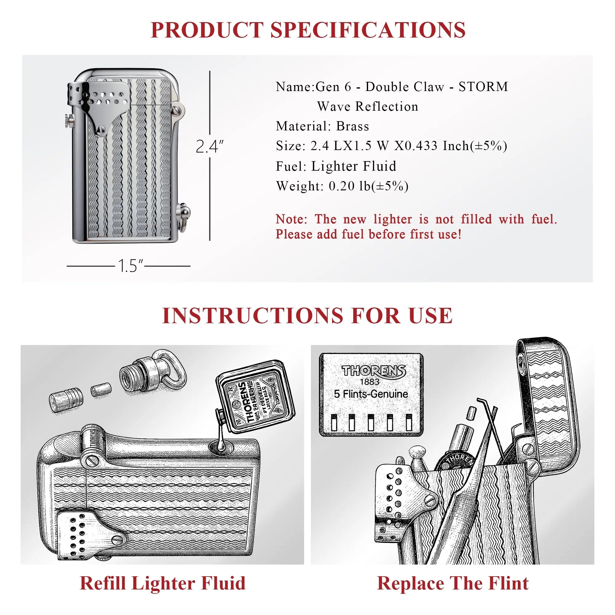 Illustrated instructions for the Thorens Gen 6 STORM lighter, demonstrating the mechanical steps to refill lighter fluid and replace the flint for the double claw ignition system.