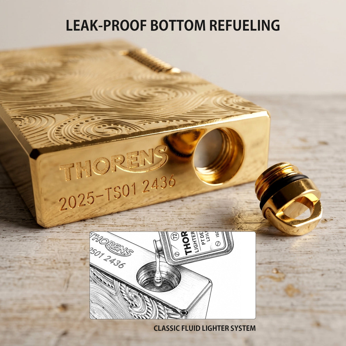 A premium Thorens gold lighter featuring deep vortex engravings and a textured side-slip roller, standing upright on a leather surface in a refined study setting.