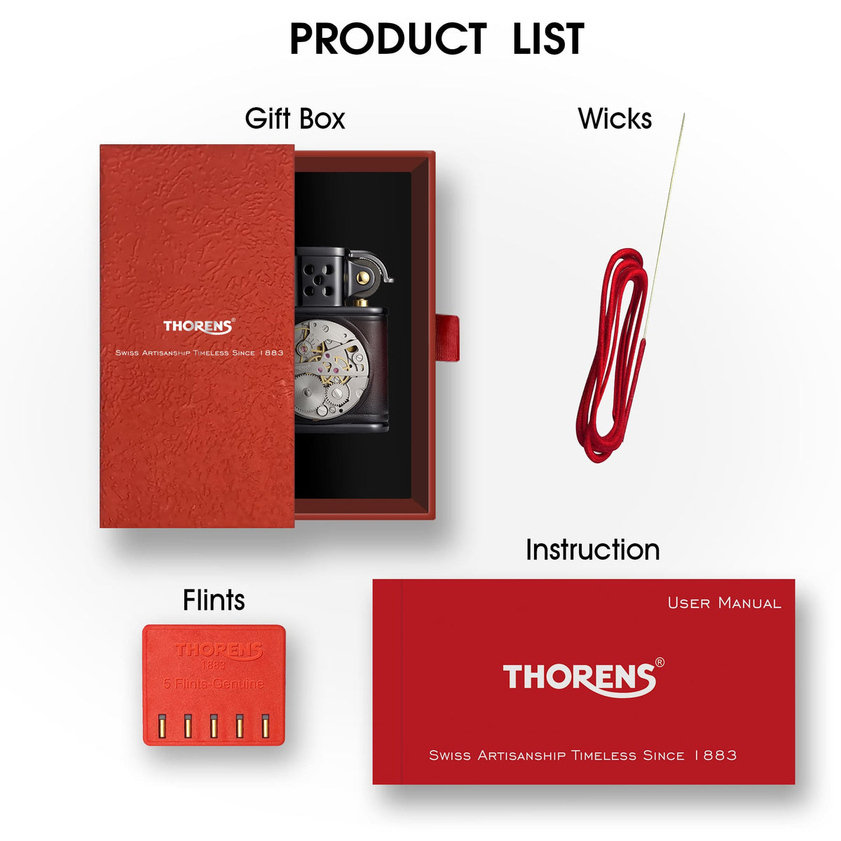 A Thorens product list featuring a red and black cowhide leather lighter with an inlaid mechanical movement, including a luxury gift box, wicks, flints, and manual.