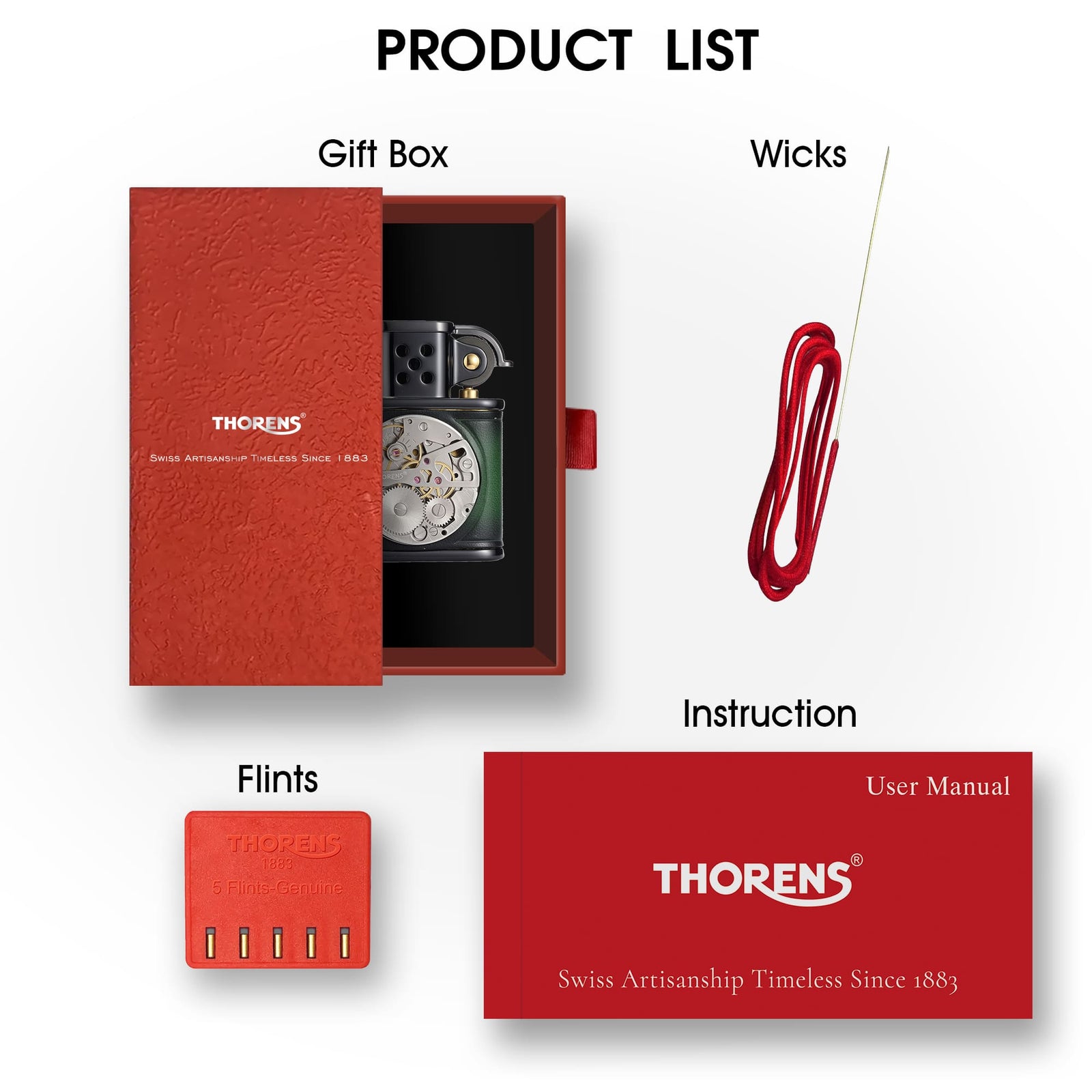 A Thorens product list featuring a forest green and black cowhide leather lighter with an inlaid mechanical movement, including a luxury gift box, wicks, flints, and instruction manual.