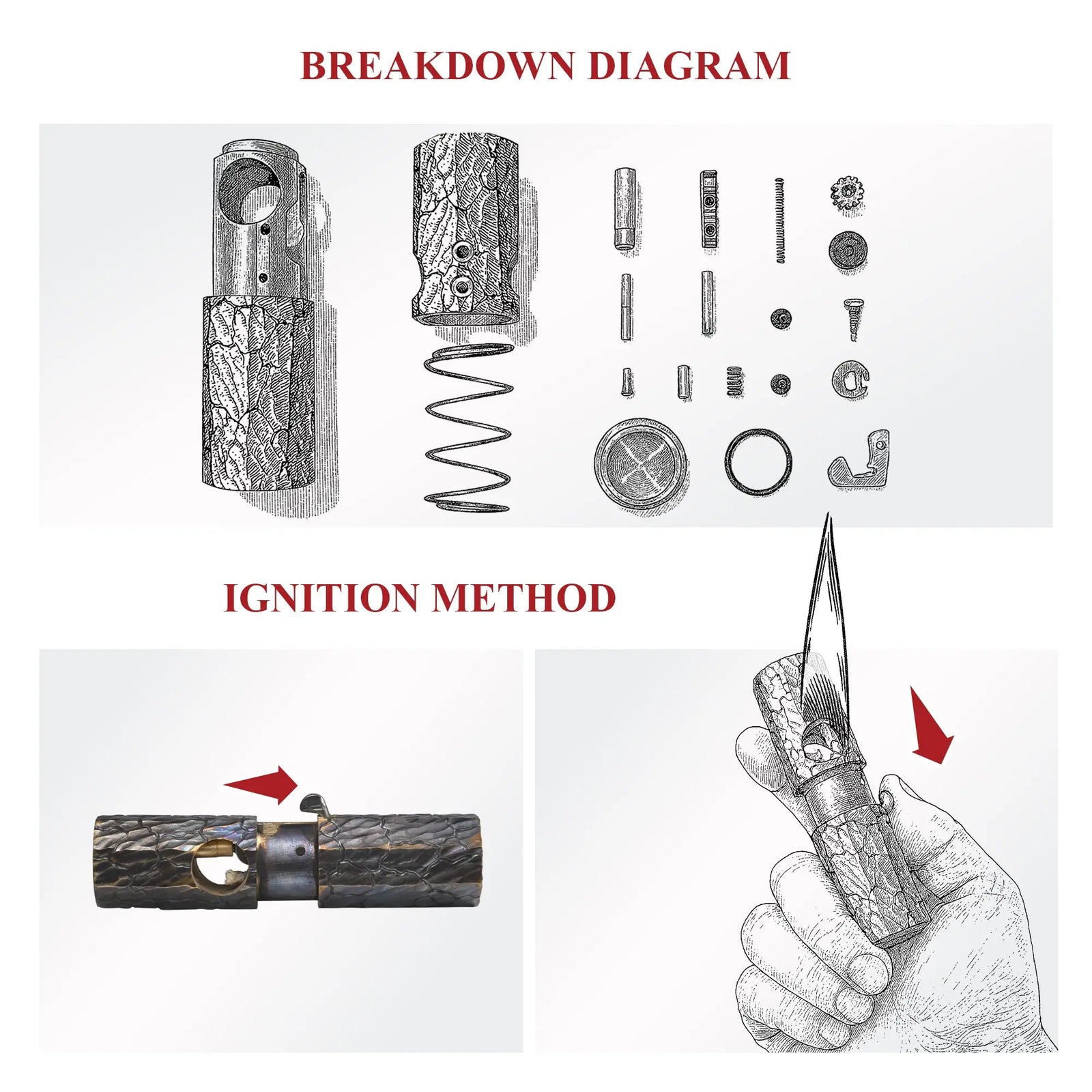 A technical breakdown diagram of the Thorens Octagon Trigger lighter, showing exploded views of the internal springs, gears, pins, and the hand-carved "Earth Fissure" outer shell.