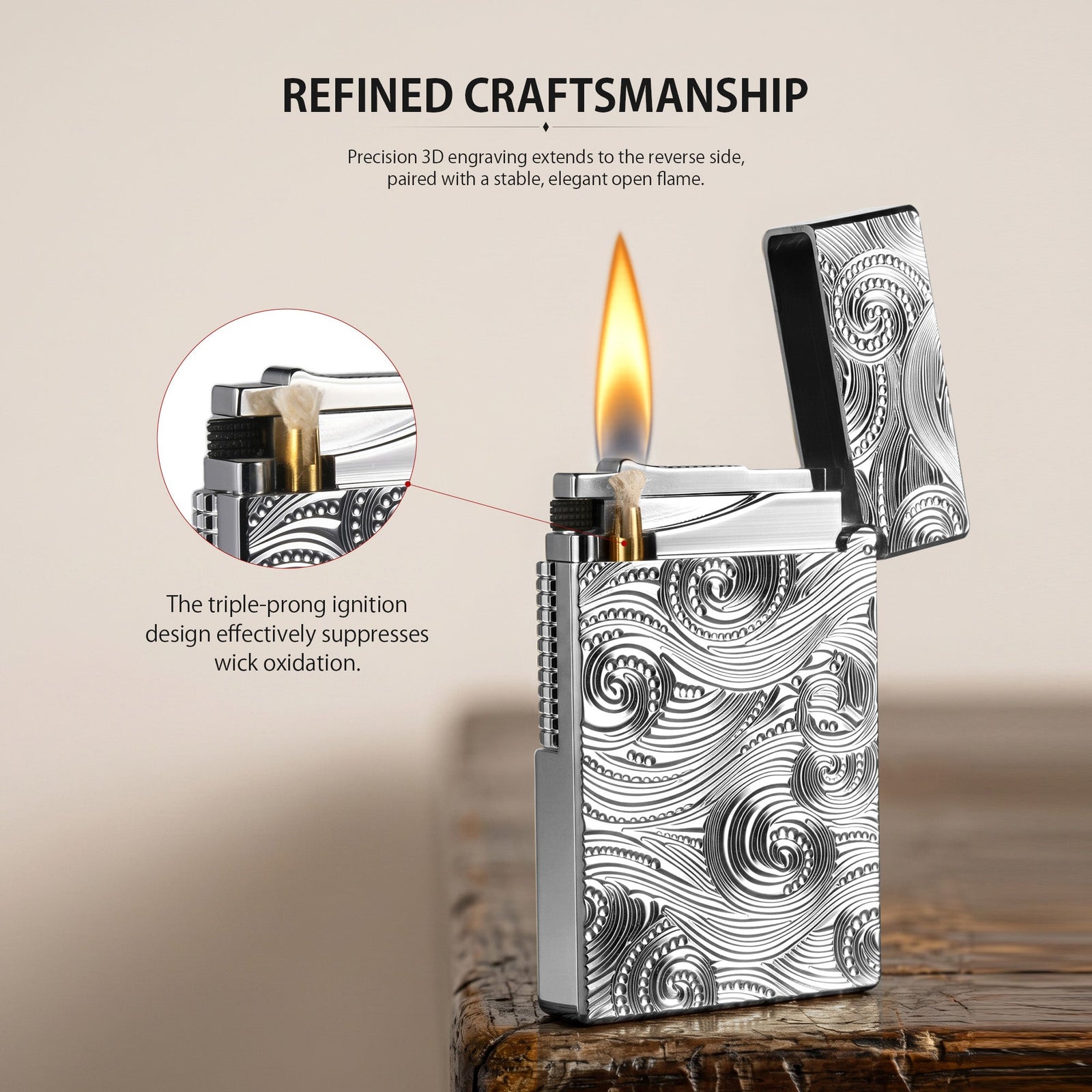 A Thorens silver vortex lighter with the lid open and a steady flame, showcasing the precision engineering that produces its signature crisp sound.
