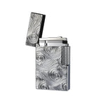 A premium Thorens silver lighter with an open lid, showcasing the intricate vortex engraving and the signature side-slip mechanical components against a white background.