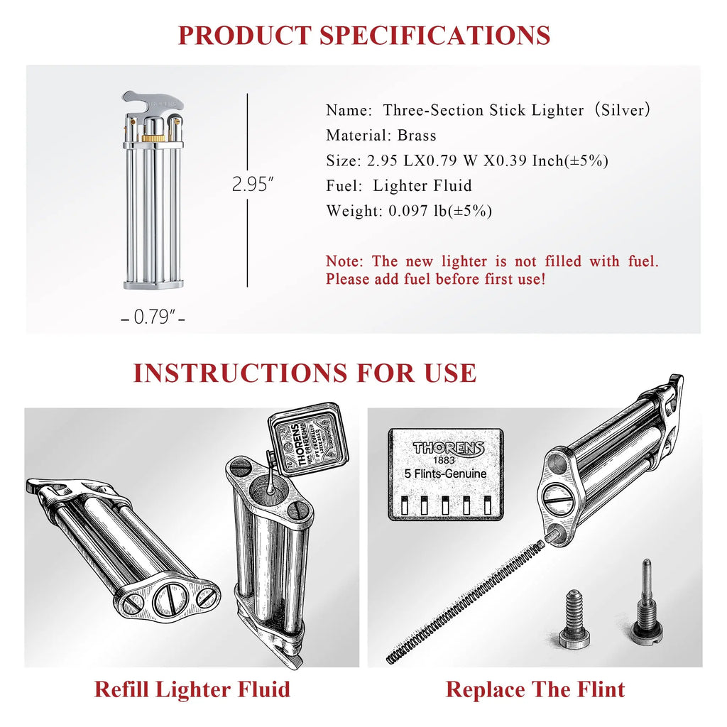 Detailed diagrams illustrating how to refill lighter fluid and replace the flint on a Thorens silver stick lighter, emphasizing its mechanical precision and user-friendly design.