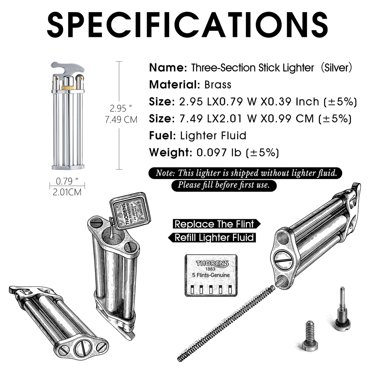 Detailed diagrams illustrating how to refill lighter fluid and replace the flint on a Thorens silver stick lighter, emphasizing its mechanical precision and user-friendly design.