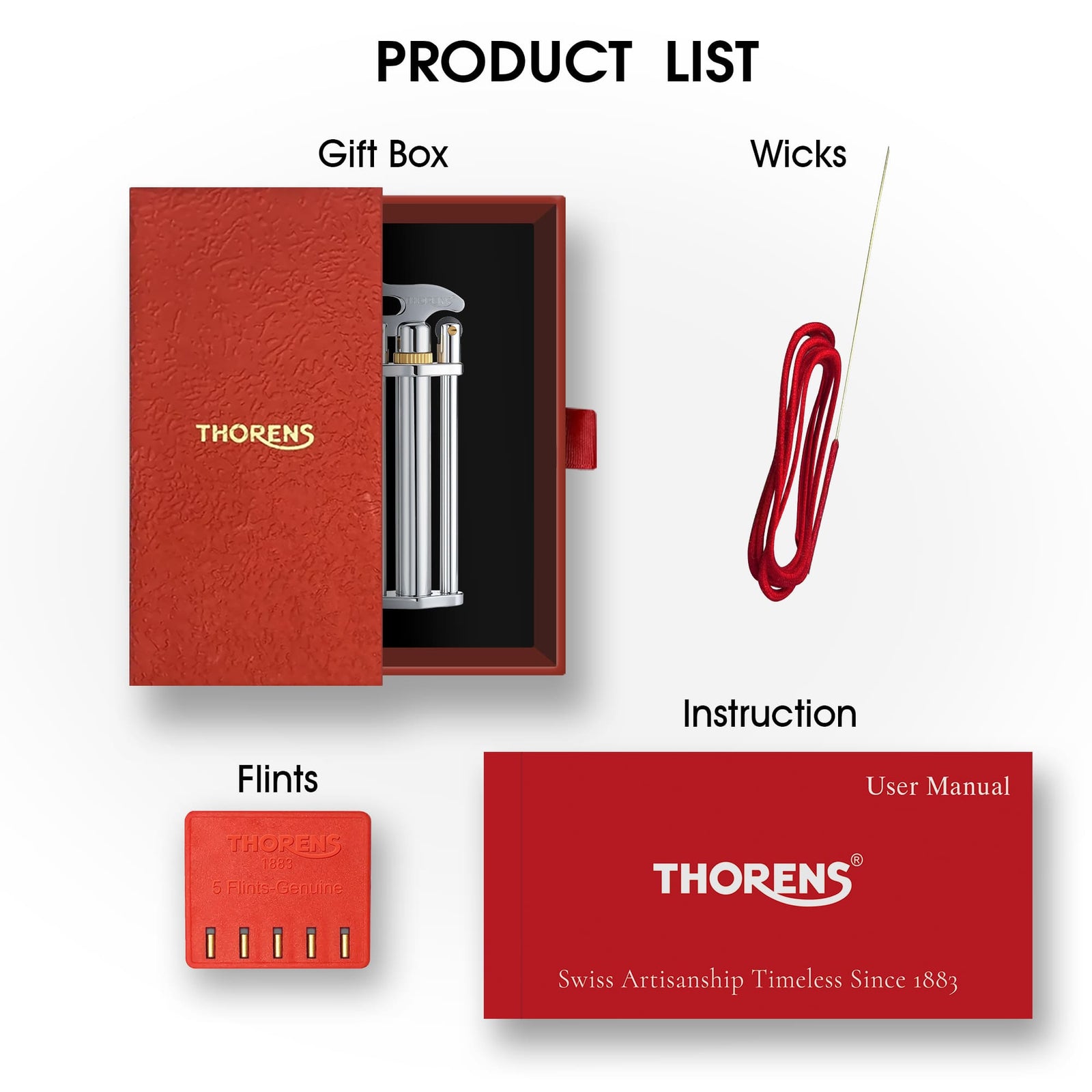 A full product list for the Thorens three-section stick lighter in silver, featuring the premium red gift box, instruction manual, and essential maintenance accessories including flints and wicks.